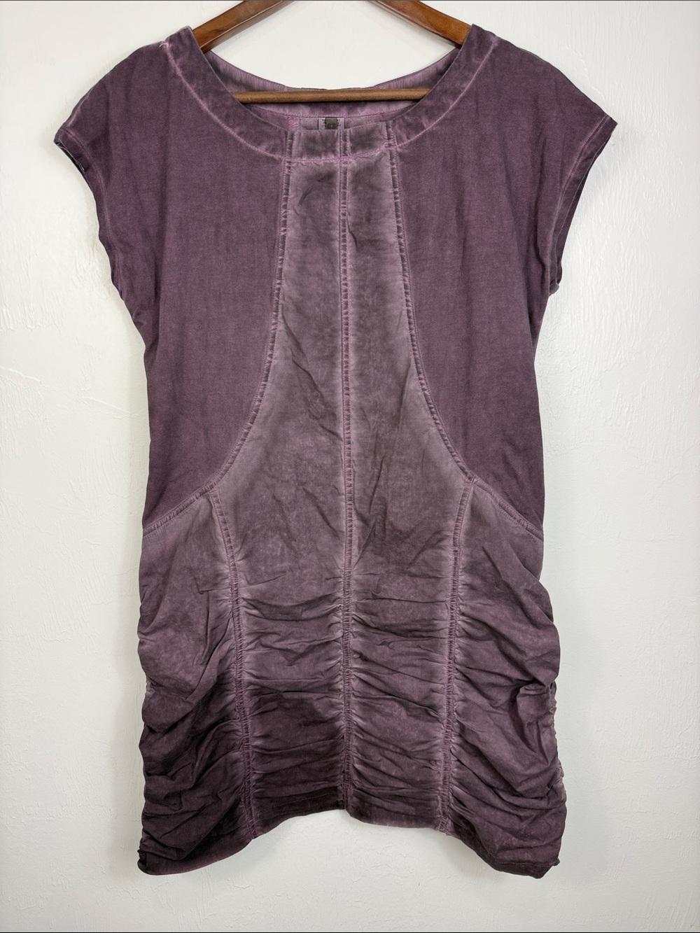 XCVI Purple Mineral Wash Ruched Mini Dress Short Sleeve Boho Size M - Picture 2 of 9